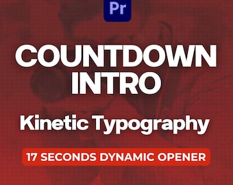 May include: A graphic with the text "COUNTDOWN INTRO" in large white letters, with "Kinetic Typography" below. A red banner reads "17 SECONDS DYNAMIC OPENER". The Adobe Premiere Pro logo is in the top left corner. The background is a gradient of red.
