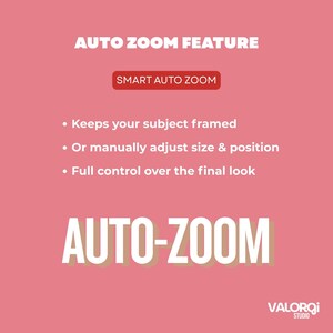 Peut inclure: Graphique rose avec le texte &laquo;&nbsp;AUTO ZOOM FEATURE&nbsp;&raquo; en haut. En dessous, un rectangle rouge avec &laquo;&nbsp;SMART AUTO ZOOM&nbsp;&raquo;. Des puces d&eacute;crivent les fonctionnalit&eacute;s&nbsp;: maintient le sujet encadr&eacute;, ajuste la taille et la position, et contr&ocirc;le total. Le mot &laquo;&nbsp;AUTO-ZOOM&nbsp;&raquo; est en grandes lettres blanches.