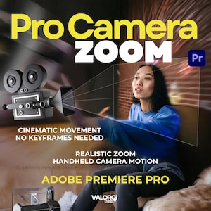 May include: An advertisement for Adobe Premiere Pro features the text "Pro Camera ZOOM" in yellow and white. A vintage film camera is depicted, with a person in a blue shirt interacting with a projected screen. The ad highlights "Cinematic Movement" and "Realistic Zoom."