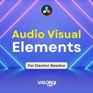 Peut inclure: Graphique numérique avec le texte "Audio Visual Elements" en jaune et blanc, avec le slogan "For Davinci Resolve". L'image présente un logo et le nom "VALORQI STUDIO" sur un fond bleu dégradé avec des lignes néon.