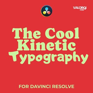 Puede incluir: Fondo rojo con el texto "The Cool Kinetic Typography" en verde claro. El texto "FOR DAVINCI RESOLVE" está en la parte inferior. Un logotipo con un diseño colorido está en la parte superior izquierda y el logotipo "VALORQI STUDIO" en la parte superior derecha.