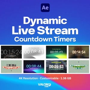Pode incluir: Imagem promocional para contadores de tempo dinâmicos de transmissão ao vivo. A imagem apresenta vários designs de temporizador com diferentes fundos e texto, incluindo "Dynamic Live Stream Countdown Timers" e "Streaming Starts Soon". A imagem também inclui o texto "4K Resolution • Customizable • 1.36 GB."