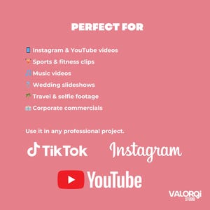 Peut inclure: Graphique rose avec du texte blanc indiquant "PERFECT FOR" et &eacute;num&eacute;rant les types de vid&eacute;os : Instagram, YouTube, sport, musique, mariage, voyage et entreprise. Comprend les logos TikTok, Instagram et YouTube.