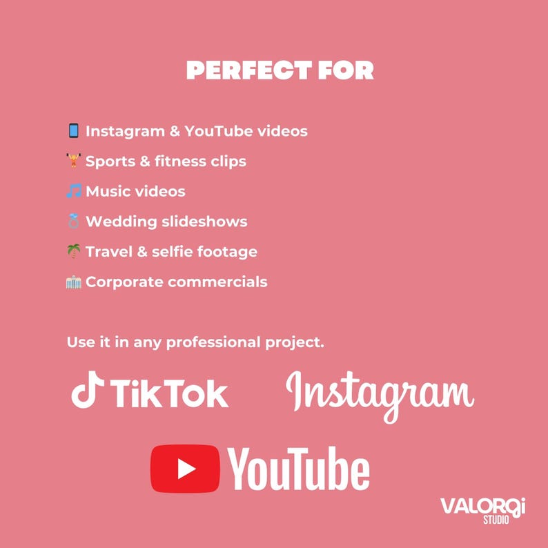 Peut inclure: Graphique rose avec du texte blanc indiquant "PERFECT FOR" et &eacute;num&eacute;rant les types de vid&eacute;os : Instagram, YouTube, sport, musique, mariage, voyage et entreprise. Comprend les logos TikTok, Instagram et YouTube.