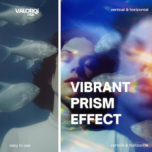 Peut inclure: Image divisée en deux parties avec un fond bleu foncé. Le côté gauche montre des poissons nageant. Le côté droit montre une personne avec un effet de prisme vibrant. Le texte indique "VIBRANT PRISM EFFECT" et "easy to use".