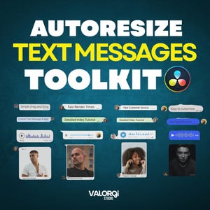Peut inclure: Un visuel bleu sarcelle faisant la promotion d'une boîte à outils de messages texte. Le texte indique "AUTORESIZE TEXT MESSAGES TOOLKIT" en jaune et blanc. L'image comprend des maquettes de bulles de messages texte.