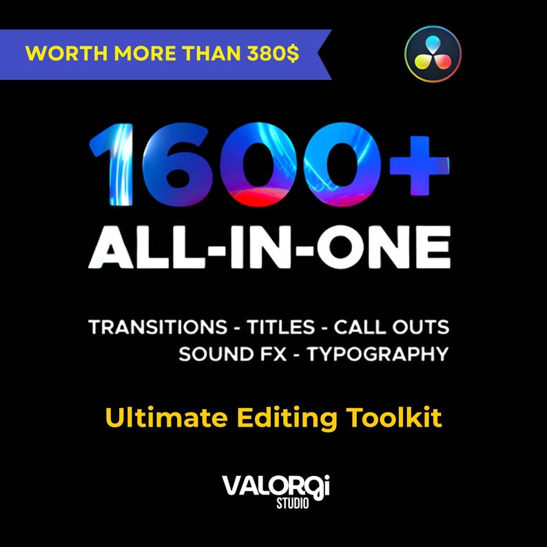 Puede incluir: Gr&aacute;fico negro con el texto "WORTH MORE THAN 380$" y "1600+ ALL-IN-ONE". Debajo, se lee "TRANSITIONS - TITLES - CALL OUTS SOUND FX - TYPOGRAPHY". Tambi&eacute;n est&aacute;n las palabras "Ultimate Editing Toolkit" y "VALORQI STUDIO".
