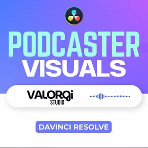 May include: A graphic with a purple and blue gradient background. The text "PODCASTER VISUALS" is in large, light blue letters. Below, the text "VALORQI STUDIO" is in black, with a sound wave graphic. The text "DAVINCI RESOLVE" is at the bottom.