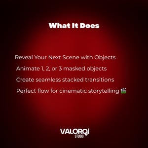 Pu&ograve; includere: Sfondo rosso con testo bianco. Il testo recita "Cosa fa" e descrive funzionalit&agrave; come la rivelazione di scene, l'animazione di oggetti e la creazione di transizioni. Il logo Valorqi Studio &egrave; in basso.