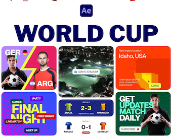 May include: A digital graphic for the World Cup featuring an Ae logo, international flags, and sports imagery. It includes photos of soccer players with balls, a stadium view, match scores for Brazil, Paraguay, France, and Germany, and text.