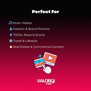 Op de afbeelding: Een promotionele afbeelding met de tekst "Perfect For" en een lijst met contenttypen: Muziekvideo's, Fashion & Brand Promos, TikTok Reels & Shorts, Reizen & Lifestyle en Vastgoed & Commerci&euml;le Content. Met het logo "VALORQI STUDIO".