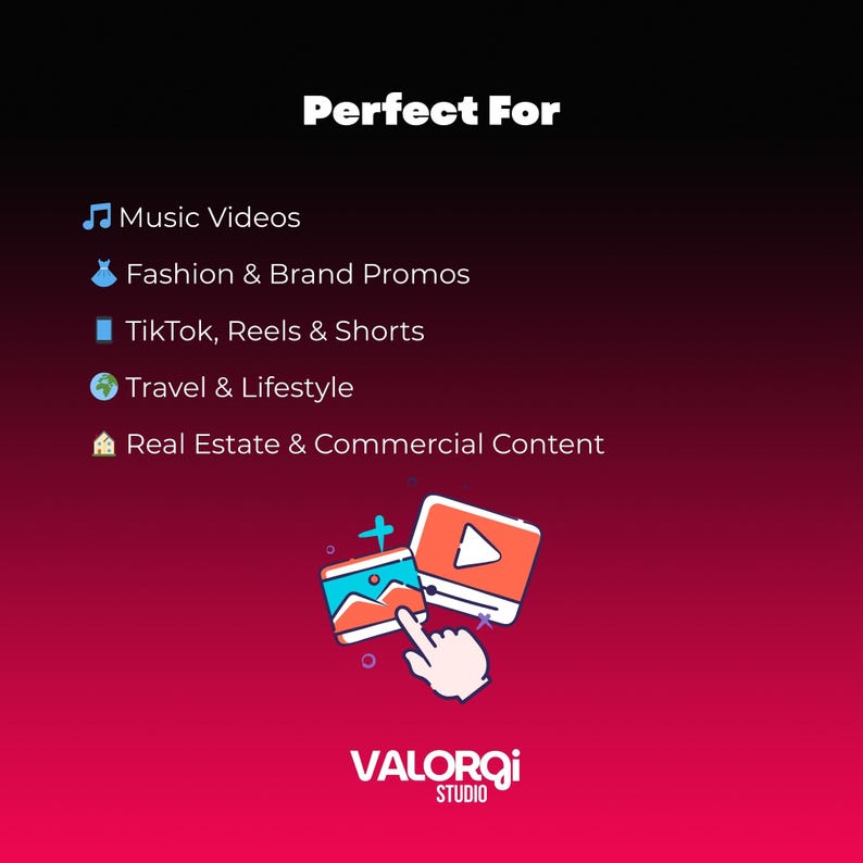 Op de afbeelding: Een promotionele afbeelding met de tekst "Perfect For" en een lijst met contenttypen: Muziekvideo's, Fashion & Brand Promos, TikTok Reels & Shorts, Reizen & Lifestyle en Vastgoed & Commerci&euml;le Content. Met het logo "VALORQI STUDIO".