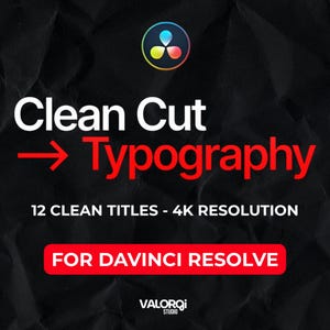 Puede incluir: Fondo negro con las palabras "Clean Cut Typography" en blanco y rojo. La imagen también incluye el texto "12 Clean Titles - 4K Resolution" y "For DaVinci Resolve". Un logotipo está en la esquina superior derecha.