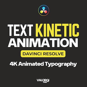 Può includere: Grafica con le parole "TEXT KINETIC ANIMATION" in bianco e giallo su sfondo nero. Sotto, si legge "DAVINCI RESOLVE" e "4K Animated Typography". Un logo colorato in alto.