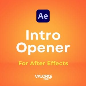 May include: An orange and yellow gradient background with the text "Intro Opener" in large white letters. Above the text is a dark blue square with the letters "Ae" in white. Below the text is "For After Effects" in yellow, and the Valorqi Studio logo.