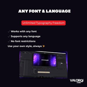 May include: A dark background with white text stating "ANY FONT & LANGUAGE" and "Unlimited Typography Freedom." Below, it lists "Works with any font," "Supports any language," and "No font restrictions." A video editing interface is visible, with the Russian word "РУССКИЙ" displayed.