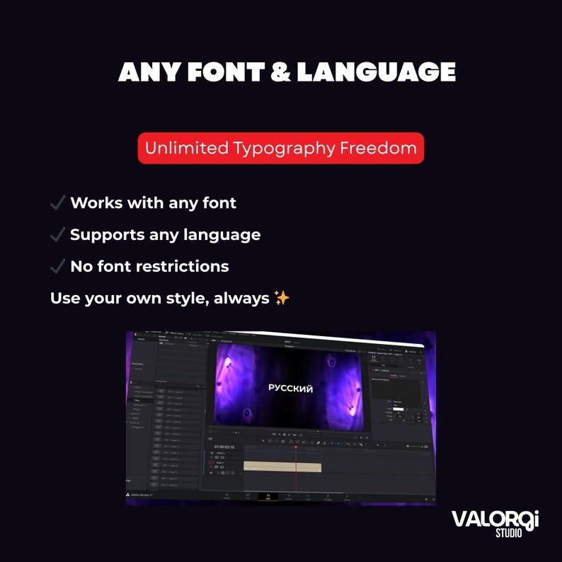 May include: A dark background with white text stating "ANY FONT & LANGUAGE" and "Unlimited Typography Freedom." Below, it lists "Works with any font," "Supports any language," and "No font restrictions." A video editing interface is visible, with the Russian word "РУССКИЙ" displayed.