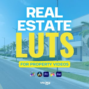 May include: A promotional image with the text "REAL ESTATE LUTS" in white and yellow, with the tagline "FOR PROPERTY VIDEOS." The image features a blue sky background, a street, and modern buildings. Software icons are at the bottom.
