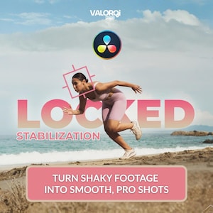 May include: Image promoting video stabilization. A woman in athletic wear runs on a beach. The word "LOCKED" is in large pink letters. Text reads "STABILIZATION" and "TURN SHAKY FOOTAGE INTO SMOOTH, PRO SHOTS". A logo is in the upper right corner.