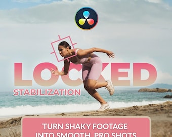Peut inclure: Image promotionnelle pour la stabilisation vidéo. Une femme en tenue de sport court sur une plage. Le mot "LOCKED" est en grandes lettres roses. Le texte indique "STABILISATION" et "TRANSFORMEZ LES IMAGES INSTABLES EN PRISES DE VUE PROFESSIONNELLES". Un logo est en haut à droite.