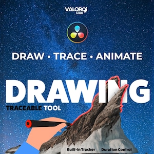 Puede incluir: Gráfico de arte digital con las palabras «DRAW • TRACE • ANIMATE» y «DRAWING TRACEABLE TOOL». Una mano dibuja una línea roja alrededor de una montaña. El fondo es un cielo estrellado.