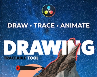 Peut inclure: Graphique d'art numérique avec les mots « DRAW • TRACE • ANIMATE » et « DRAWING TRACEABLE TOOL ». Une main dessine un trait rouge autour d'une montagne. L'arrière-plan est un ciel étoilé.