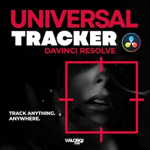 Puede incluir: Imagen promocional para Universal Tracker de DaVinci Resolve. La imagen presenta el texto "UNIVERSAL TRACKER" en blanco y rojo, con "DAVINCI RESOLVE" debajo. Una retícula de puntería roja está superpuesta sobre el rostro de una persona, con el texto "TRACK ANYTHING. ANYWHERE."