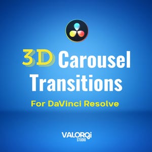 May include: A blue background with the text "3D Carousel Transitions" in white and yellow. Below, the text "For DaVinci Resolve" is in yellow. A logo with a colourful design is at the top, and the "VALORQi STUDIO" logo is at the bottom.