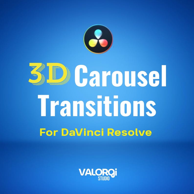 May include: A blue background with the text "3D Carousel Transitions" in white and yellow. Below, the text "For DaVinci Resolve" is in yellow. A logo with a colourful design is at the top, and the "VALORQi STUDIO" logo is at the bottom.