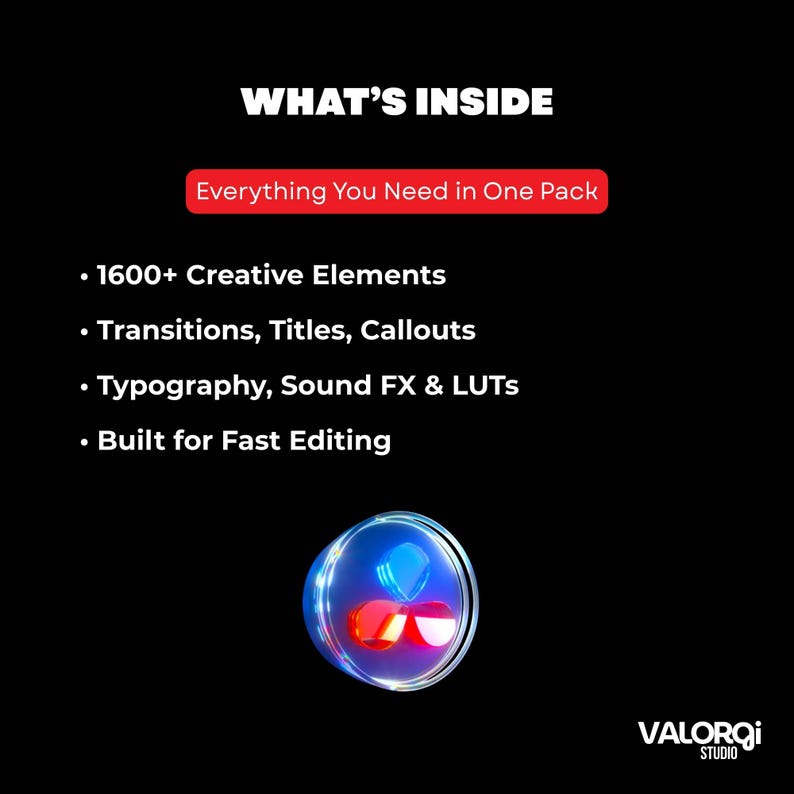 Puede incluir: Fondo negro con texto blanco que dice "WHAT'S INSIDE" y "Everything You Need in One Pack". Debajo hay vi&ntilde;etas que enumeran elementos creativos, transiciones, tipograf&iacute;a y funciones de edici&oacute;n r&aacute;pida. Un gr&aacute;fico azul y rojo brillante est&aacute; en la parte inferior. El logotipo de Valorqi Studio est&aacute; en la parte inferior derecha.