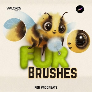 May include: A digital art graphic featuring a cartoon bee with large eyes and fluffy fur. The text "FUR BRUSHES" is in green, textured letters, with "FOR PROCREATE" below. The Valorqi Studio logo is in the upper left corner.