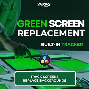 Puede incluir: Imagen con el texto "GREEN SCREEN REPLACEMENT" y "BUILT-IN TRACKER". La imagen muestra varias tabletas y un teléfono con pantallas verdes. También se ve el texto "TRACK SCREENS REPLACE BACKGROUNDS".