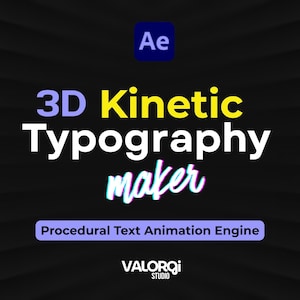 Puede incluir: Una imagen promocional de un creador de tipografía cinética 3D. El texto dice "3D Kinetic Typography maker" en blanco y amarillo, con "maker" en cursiva. La imagen también incluye el texto "Procedural Text Animation Engine" y el logotipo "Ae".