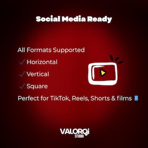 Pu&ograve; includere: Grafica rossa con il testo "Social Media Ready". Evidenzia il supporto per tutti i formati: orizzontale, verticale e quadrato. La grafica indica anche che &egrave; perfetta per TikTok, Reels, Shorts & films.