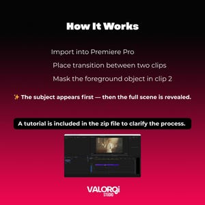 Op de afbeelding: Een afbeelding met de tekst "How It Works" en instructies voor videobewerking in Premiere Pro. De stappen omvatten importeren, overgangen plaatsen en objecten maskeren. De tekst "Het onderwerp verschijnt eerst - dan wordt de volledige sc&egrave;ne onthuld" is ook opgenomen.