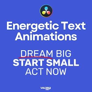 Può includere: Un grafico blu con un logo circolare con segmenti rossi, gialli e verdi in alto. Il testo recita Energetic Text Animations, seguito da DREAM BIG, START SMALL, ACT NOW con una sottolineatura rossa e VALORQI STUDIO in basso.