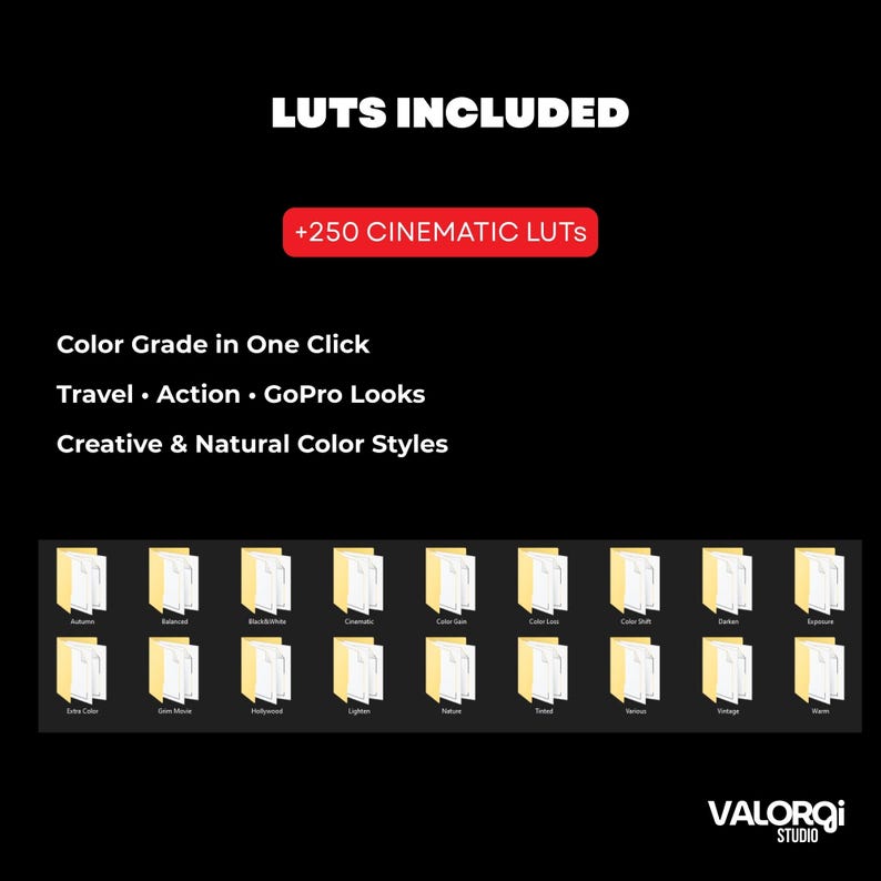 Puede incluir: Gr&aacute;fico negro con el texto "LUTS INCLUDED" y "+250 CINEMATIC LUTS". La imagen tambi&eacute;n incluye el texto "Color Grade in One Click", "Travel &bull; Action &bull; GoPro Looks" y "Creative & Natural Color Styles". Debajo hay varios iconos de carpetas amarillas.
