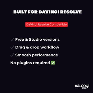 May include: Dark background with white text promoting DaVinci Resolve. Text includes "BUILT FOR DAVINCI RESOLVE" and "DaVinci Resolve Compatible." Features are listed: Free & Studio versions, Drag & drop workflow, Smooth performance, and No plugins required.