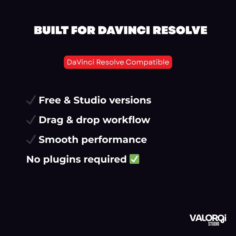 May include: Dark background with white text promoting DaVinci Resolve. Text includes "BUILT FOR DAVINCI RESOLVE" and "DaVinci Resolve Compatible." Features are listed: Free & Studio versions, Drag & drop workflow, Smooth performance, and No plugins required.