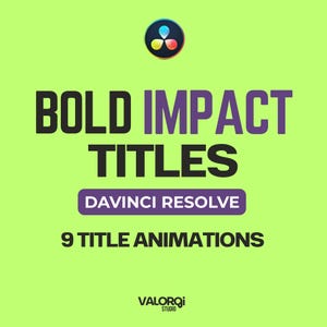 May include: A lime green digital graphic featuring the DaVinci Resolve logo at the top. The text reads BOLD IMPACT TITLES, DAVINCI RESOLVE inside a purple rounded rectangle, 9 TITLE ANIMATIONS, and the VALORQI STUDIO logo at the bottom.