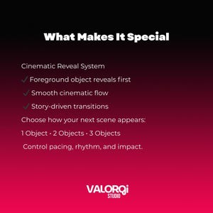Op de afbeelding: Een afbeelding met een rode gradi&euml;nt achtergrond en witte tekst. De tekst luidt "What Makes It Special" en beschrijft een "Cinematic Reveal System" met functies als vloeiende overgangen en verhaalgestuurde overgangen. Het Valorqi Studio-logo staat onderaan.