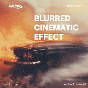 May include: A digitally enhanced image featuring a vintage black car engulfed in flames, with the text "BLURRED CINEMATIC EFFECT" in bold white letters. The image also includes the text "easy to use" and "vertical & horizontal".