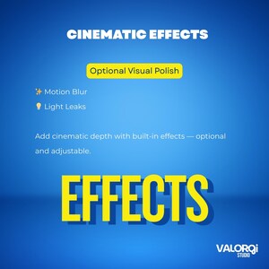 May include: A blue graphic with the text "CINEMATIC EFFECTS" in white. Below, a yellow rectangle reads "Optional Visual Polish." The word "EFFECTS" is in large yellow letters. The image promotes motion blur and light leaks.