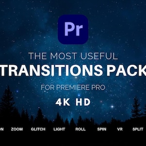 Könnte beinhalten: Dunkelblaue Grafik mit dem Premiere Pro-Logo und dem Text "THE MOST USEFUL TRANSITIONS PACK FOR PREMIERE PRO 4K HD". Darunter stehen die Wörter: MOTION, ZOOM, GLITCH, LIGHT, ROLL, SPIN, VR, SPLIT, MIX.