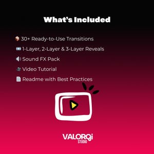 Op de afbeelding: Een afbeelding met de tekst "What's Included" op een rode gradi&euml;nt achtergrond. De afbeelding toont "30+ Ready-to-Use Transitions", "1-Layer, 2-Layer & 3-Layer Reveals", "Sound FX Pack", "Video Tutorial" en "Readme with Best Practices". Een witte afspeelknop is afgebeeld.