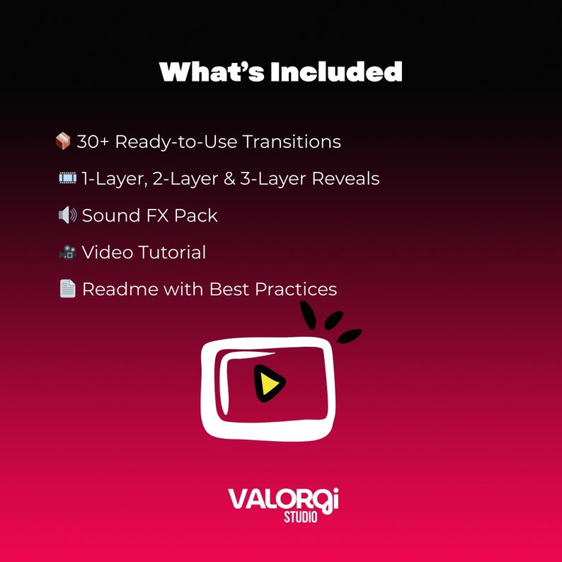 Op de afbeelding: Een afbeelding met de tekst "What's Included" op een rode gradi&euml;nt achtergrond. De afbeelding toont "30+ Ready-to-Use Transitions", "1-Layer, 2-Layer & 3-Layer Reveals", "Sound FX Pack", "Video Tutorial" en "Readme with Best Practices". Een witte afspeelknop is afgebeeld.