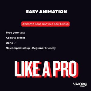 May include: A black graphic with white and red text promoting easy animation. The text reads "Easy Animation," "Animate Your Text in a Few Clicks," and "Like a Pro." Instructions include typing text, applying a preset, and the word "Done."