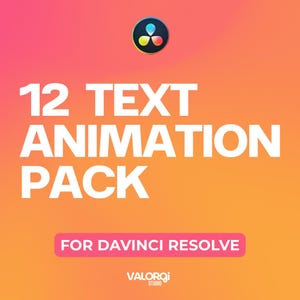 Puede incluir: Gráfico con un fondo degradado de color rosa, naranja y amarillo. El texto "12 TEXT ANIMATION PACK" está en letras blancas grandes. Debajo, en un rectángulo rosa, está el texto "FOR DAVINCI RESOLVE". El logotipo de DaVinci Resolve está en la parte superior.