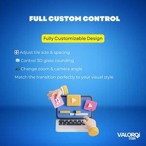 May include: A digital graphic with the text "FULL CUSTOM CONTROL" and "Fully Customizable Design." The image shows a laptop with hands holding pink and yellow icons. The text describes features like adjusting tile size, controlling 3D glass rounding, and changing camera angles.