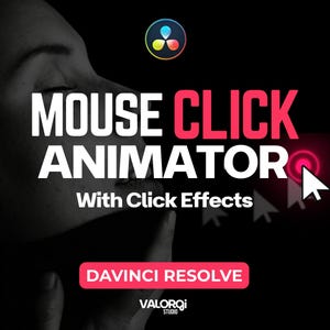 Puede incluir: Gráfico promocional con el texto "MOUSE CLICK ANIMATOR" en blanco y "CLICK" en rojo. La imagen incluye un cursor de ratón y un logotipo de DaVinci Resolve, con el texto "With Click Effects" y "DAVINCI RESOLVE". El fondo es negro.